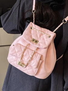 Elegant pink quilted PU leather backpack with gold chain straps and metal twist lock