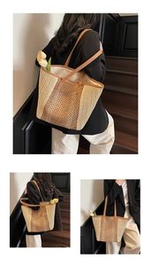 Detail of hollow contrast straw tote bag with brown leather straps and tulip decor