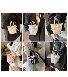 Collage de sacs seaux chic en quatre couleurs avec nœuds en dentelle et perles pour femme