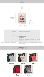 Tableau des tailles détaillé et options de couleurs pour grands sacs fourre-tout en toile