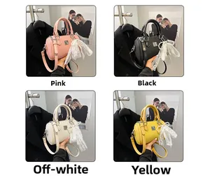 Collage of four minimalist cylinder bags in pink black beige and yellow colors