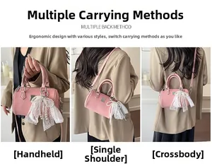 Pink tweed Boston bag shown in three ways: hand-carried, shoulder-carried, and crossbody styles