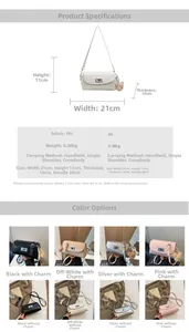 Detailed size specifications and color options for the stylish PU leather pillow handbag