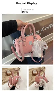 Detailed pink tweed pillow bag featuring a pearl lace bow and adjustable leather strap
