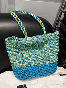 Sac Tote pour Femmes Casual Tissé en Couleur Contraste Style Mori Sac à Épaule Tissé à la Main pour Vacances à la Plage Été