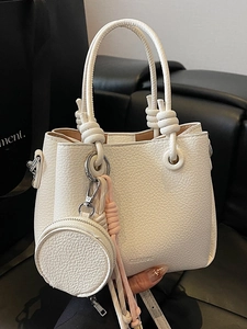 Women's Litchi Pattern PU Leather Bucket Bag Korean Style Knot Handle Crossbody Handbag With Mini Round Coin Purse
