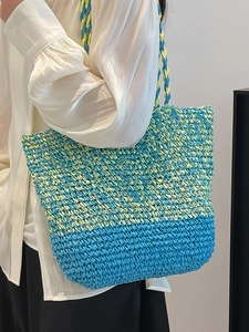 Sac fourre-tout de plage tissé main avec dégradé bleu vert jaune pour vacances d'été
