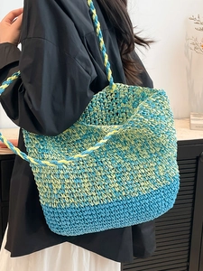 Sac bandoulière en paille tissé à rayures bleu et jaune-vert pour vacances à la plage