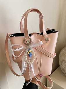 Sac Seau en Cuir PU pour Femmes Avec Nœud en Ruban Pendentif en Künstliche Perle Texture Cirée à l'Huile Sac à Main Bandoulière