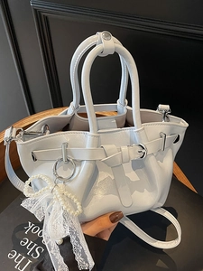 Women Pleated PU Leather Bucket Bag with Artificial Pearl Lace Bow Charm Fashion Crossbody Handbag for Casual Daily Use Top Handle Bag
