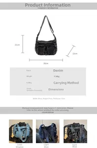 Detailed size chart for the denim tote bag showing dimensions and three color options