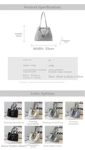 Detailed size chart and specifications for the large capacity wave pattern tote bag