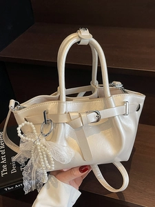 Chic pleated bucket bag in cream white with decorative belt buckle and pearl charm