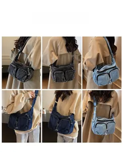 Detailed views of vintage denim crossbody bag showing multiple pockets and adjustable strap