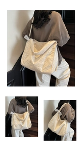 Detail showing creamy beige tote bag with waffle texture and delicate lace bow on strap
