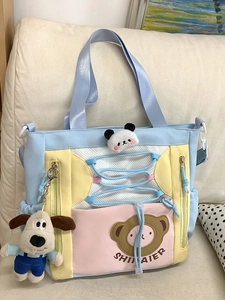 Style Coréen Mignon Dessin Animé Patchwork Sac Fourre-tout Grande Capacité Nylon Sac à Épaule pour Femmes Étudiants Navette Quotidien