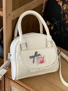 Korean Style Sweet Balletcore Women Boston Bag PU Leather Lace Bow Ribbon Crossbody Bag Versatile Shoulder Bag Handbag