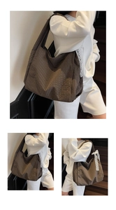 Deep brown checked hobo tote bag with delicate white lace trim and wide shoulder strap