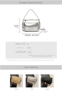 Detailed view of PU leather pillow bag showing dimensions and metallic chain strap