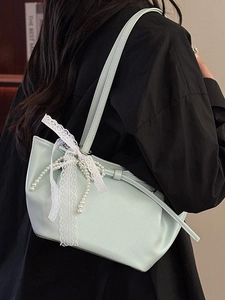 Sac à bandoulière vert menthe style français avec nœud en dentelle blanche et perles