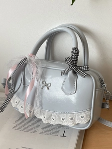 Women Sweet Balletcore Boston Bag PU Leather Bow Lace Trimmed Heart Cutout Handbag Commuting Crossbody Bag Stylish Purse