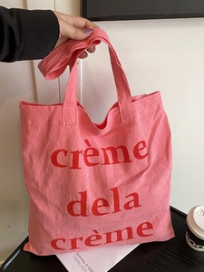 Sac Fourre-tout en Toile Grande Capacité pour Femmes Style Coréen Doux Lettre Française Imprimé Sac à Épaule Décontracté Shopping