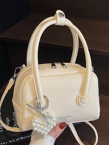 Women Korean Fashion Boston Pillow Bag PU Leather Mini Handbag With Heart Artificial Pearl Charm Versatile Crossbody Bag For Daily
