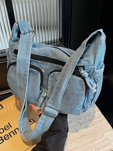 Women Washed Denim Shoulder Bag Multi Pocket Hobo Crossbody Large Capacity Urban Retro Casual Versatile Underarm Bag