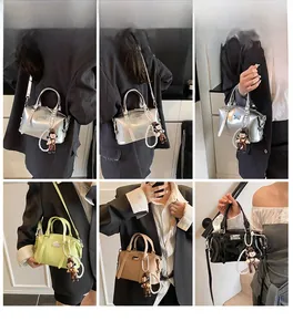 Detailed views of vintage Boston bag in multiple colors with pearl charms and straps
