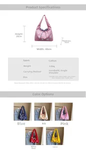 Detailed size chart and specifications for the large canvas letter print tote bag for women