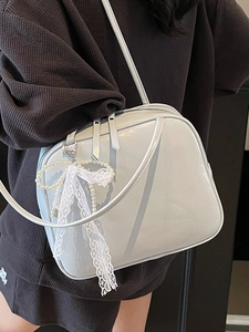 Glossy light blue underarm bag with elegant pearl bow and lace ribbon accessory