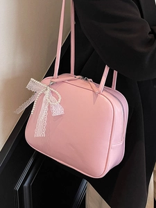 Chic pink underarm pillow bag with lace bow and pearl charm for casual women's fashion