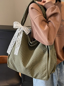 Green plaid canvas tote bag with white lace bow decoration and large capacity for women