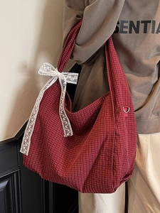 Retro burgundy plaid tote bag with a white lace bow accent for casual daily commuting
