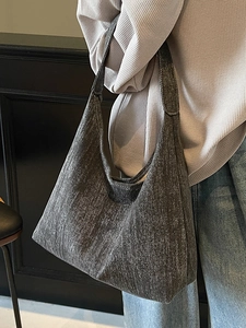 Retro grey denim hobo tote bag for women with large capacity and wide shoulder strap
