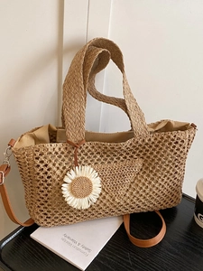 Sac Bandoulière en Paille Tissé pour Femmes Vacances d'Été Grande Capacité Sac à Main Ajouré Avec Charme Floral Marguerite