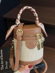 Women Cylindrical Bucket Bag PU Leather Straw Patchwork Top Handle Bag With Satin Scarf Metallic Lock Crossbody Shoulder Bag