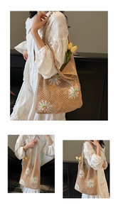Close-up of hollow crochet knit tote bag with 3D floral accents and colorful bead details