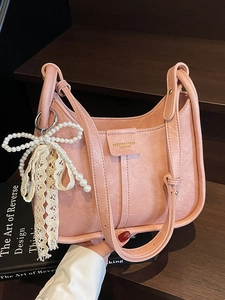 Women Retro PU Leather Underarm Bag Simple Korean Style Hobo Bag Artificial Pearl Bow Lace Pendant Daily Commuting Shoulder Bag