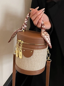 Brown leather and beige weave cylindrical bucket bag with silk scarf handle wrap