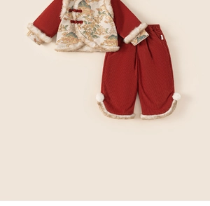 Detailed view of red children's lunar new year set with traditional frog buttons and fur trim