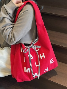 Trendy large red canvas tote bag with white letter print and striped bow decoration