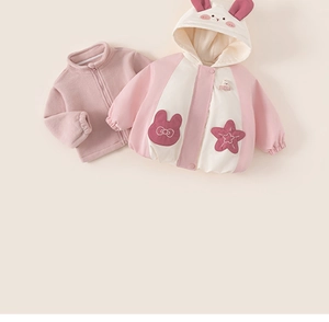 Detail of pink toddler winter jacket set featuring rabbit ear hood and cozy fleece lining