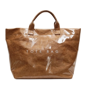 Brown Tyvek tote bag with glossy PVC coating and white TOTE BAG text print