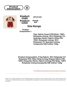 Size chart and material specs for kids traditional red Chinese New Year outfit set