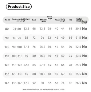 Detailed size chart for children red festive clothing set ranging from size 80 to 140