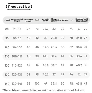 Detailed size chart for girls winter fleece jacket set covering heights 73cm to 140cm