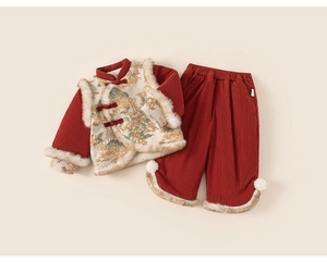 Close-up of traditional Chinese winter set with velvet fabric and fur-lined details