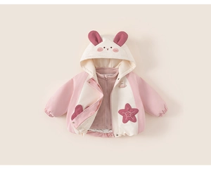 Detail of baby girl hooded jacket with fleece lining and cute rabbit ear embroidery