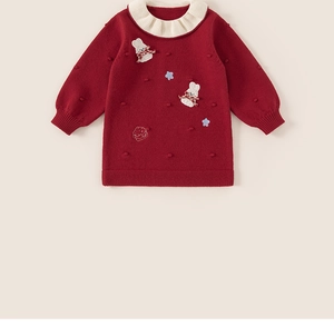 Close-up of girls' red knit dress featuring ruffled white collar and 3D bunny applique